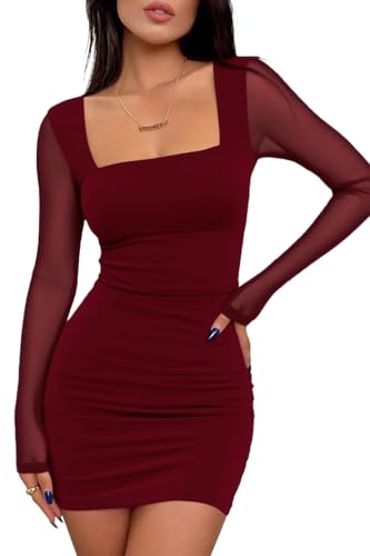 ELFIN Damen Bodycon Kleid Mesh Langarm Minikleid Sexy Quadratischer Hals Rüschen Partykleid Bleistiftkleid Mini Tube Cocktail Party Club Kleid (S,...