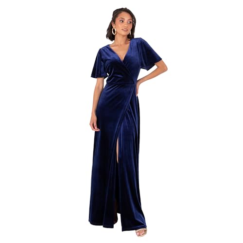 Maya Deluxe Women's Maxi Dress Ladies Velvet Evening Occasion V-Neck Angel Sleeve A-line Faux Wrap Split Bridesmaid Prom Ball Gown, Navy Blue 44
