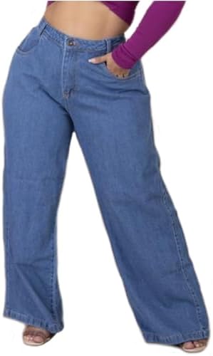 Calça Jeans Wide Leg Feminina, Cintura Alta, Estilo Vintage, Azul...