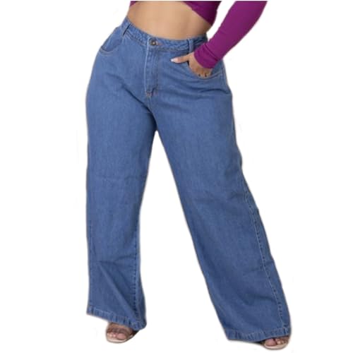 Calça Jeans Wide Leg Feminina, Cintura Alta, Estilo Vintage, Azul Clássico (BR, Numérico, 54, Plus Size, Regular, Tamanho Plus, Azul Escuro)