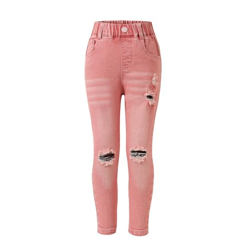 Girls' Casual Stretch High Waisted Ripped Denim Pants Straight Leg Jeans with Pockets