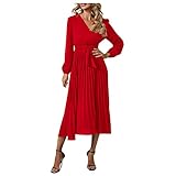 Cocktail Dresses for Women Wedding Guest, Formal Dresses Winter Dress Fall Outfits Women's Long Sleeve Slim Fit Pleated Belt V-Neck Elegant Dress Sleeves Mini Bodycon (XL, Red)