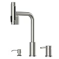 3 Hole Kitchen Faucet, 5 Modes Waterfall Kitchen Faucet with Soap Dispenser and Pull Down Sprayer, Stainless Steel 3 Pieces Sink Faucets with Separate Handle, Brushed Nickel