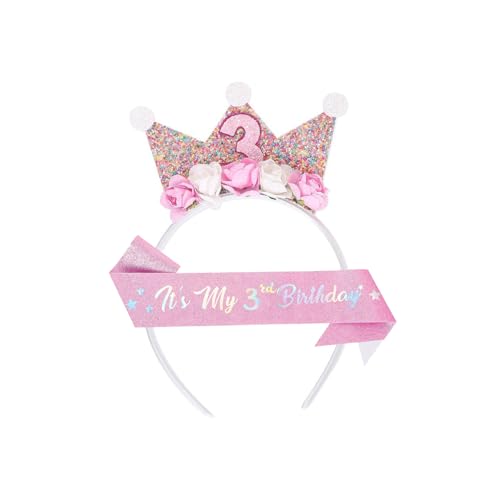 BrambleCo Birthday Crown for 3-Year-Old Birthday Girl - Pink Strap, Flower Princess Tiara - Decorations Girls - Celebration Hair Accessory - Fits Most 3-Year-Olds