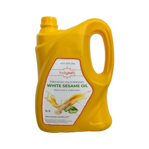 Image of Indiyeah Cold Pressed White Sesame Oil - 100% Pure and Unrefined, Naturally Cholesterol-Free | Enriched with Vitamin E and K | Rich Aroma & Flavor of Real Sesame Seeds | No Foaming | Ideal for Daily Cooking and Multipurpose Usage | A1 Grade Sesame Seeds | Cold pressed Gingerly Oil | Til Ka Tel |Purity in Every Drop | Heart-Healthy Cooking Oil | (5L HDPE, 1, count)