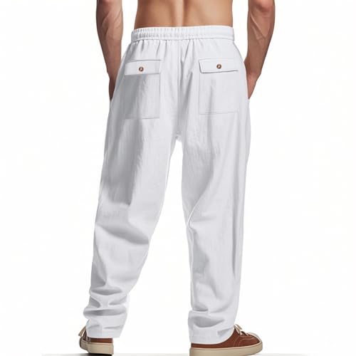 Mens Straight-Legs Elastic Waist Drawstring Lightweight Trousers Linen Pants Casual Summer Beach Pants with Pockets2
