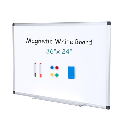 OLIXIS Magnetic White Board, Dry Erase Board for Wall 36' x 24', Whiteboard with 1 Dry Eraser & 2 Multicolor Markers & 4 Magnetic Pins, Aluminium Frame for Home, School, Office, White