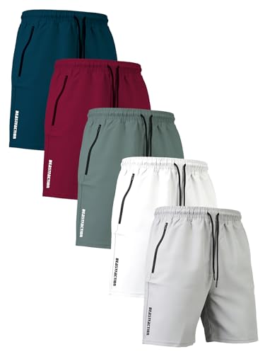 SKYWEHYD Men's 5-Pack Athletic Shorts with Zipper Pockets, Quick Dry Performance Gym Running Workout Shorts for Men(US, Alpha, XX-Large, Regular, Regular, White, gray, navy blue, burgundy, light gray)