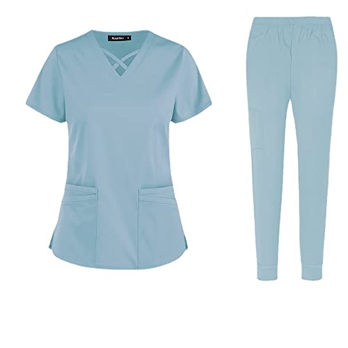 VIAOLI Scrubs Set for Women Joggers Elasticity Uniforms Hospital Doctor Workwear Clinic Non-Sticky Hair Scrubs Women Set (Blue, XL)