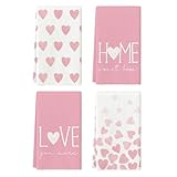 Artoid Mode Pink Heart Love Valentine's Kitchen Towels Dish Towels, 18x26 Inch Farmhouse Anniversary Wedding Decoration Hand Towels Set of 4