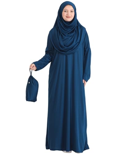 Prien Muslim Dress For Women With Hijab Abaya Instant Prayer Clothes Set Islamic Wear Dubai Kaftan Jilbab Burqa (Navy Blue X-Small-XX-Large)