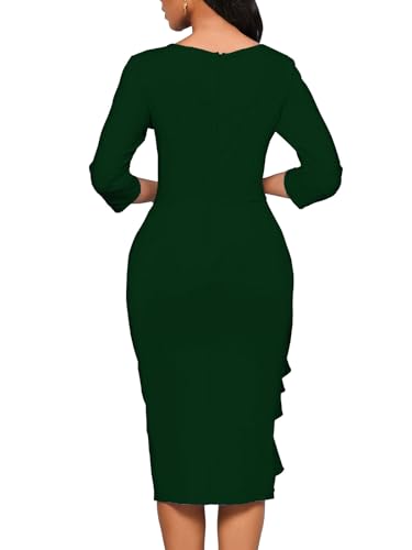 Image of Church Dresses for Women 3 /4 Sleeve Ruffle Vintage Bodycon Cocktail Work Midi Pencil Dress