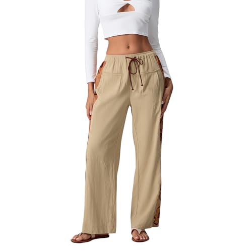 Awoscut Women's Drawstring Straight Wide Leg Pants Elastic Low Waist Side Print Casual Pants Lounge Trousers with Pockets