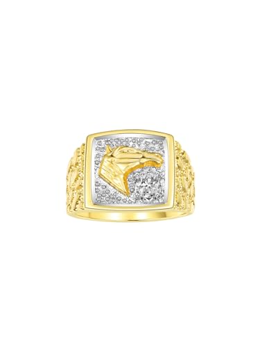 Image of Rylos Men's Yellow Gold-Plated Sterling Silver Lucky Nugget Horse Head Ring with 6X4MM Gemstone and Diamonds - Birthstone Elegance for Men, Sizes 8-13 Available