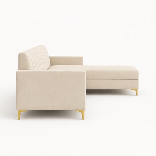 Image of SOCOZI Morello 4 Seater L Shape Sofa Set with Movable Ottoman | Flexible Left or Right Layout | Soft Velvet Suede Fabric | Modern Design | Plush Comfort Cushions for Living Room (Cream)