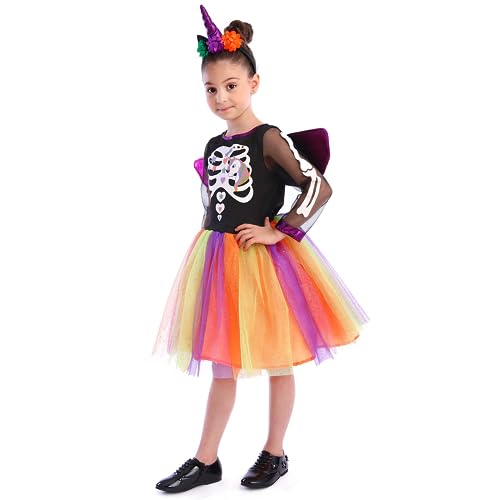 Sincere Party Unicorn Skeleton Witch Costume,Unicorn Dress Skeleton Tutu Fancy Dress Halloween Witch Costume for girls 5-6years - Image 2