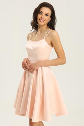 Image of Homecoming Dresses for Teens Knee Length Spaghetti Strap with Pockets Satin Backless Prom Dress
