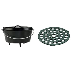 Lodge Seasoned Cast Iron Dutch Oven Bundle – 12 Inch Deep Camp Oven, Meat Rack/Trivet, Pre-Seasoned (8QT/8 inch)