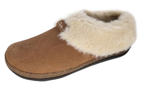 Clarks Womens Slipper Suede Leather Plain Toe - Plush Faux Fur Collar/Lined With A Cork Midsole - Open Back Indoor Outdoor House Slippers For Women (Cognac US 9