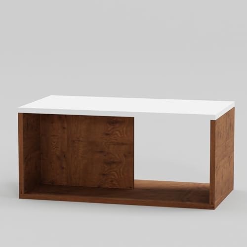 Image of Modern Coffee Table with Storage Shelf | Space Saving Center Table for Living Room | Engineered Wood Tea Table | Easy Assembly | Home & Office Use, Color-Cherry Pine & White, Size-90x50x45Cm