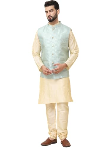 Image of SOJANYA (Since 1958 Men's Silk Blend Kurta Pyjama With Self Design Nehru Jacket