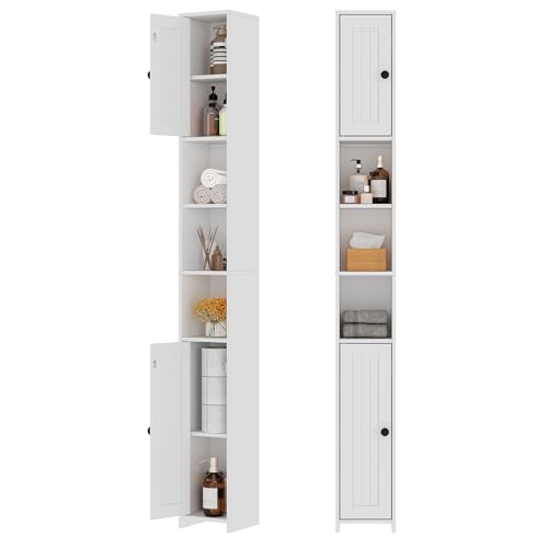RRX Tall Slim Bathroom Storage Cabinet with 2 Doors,Adjustable Shelves,7.87''L*7.87''W*67''H, Narrow Cabinet with Anti-Tip for Toilet Paper Corner,Small Spaces, Kitchen,Bathroom (Milky White)