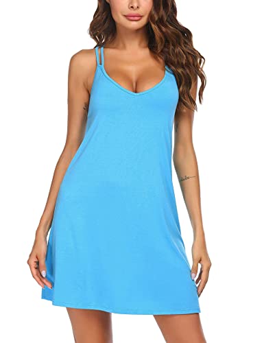 Ekouaer Women's Nightgown Cotton Novelty Sleepshirts Casual Nighty V Neck Sleeveless Sleep Shirt(Deep Sky Blue,Small) #TOP1