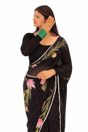 Image of Arkia Women's Hand Embroidered Hand Painted Floral Georgette Saree with Blouse, Red Georgette with Pink Tulip Design and Stone Work
