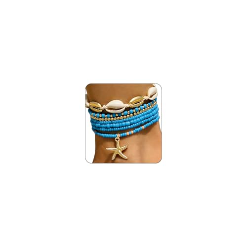 Image of 7 Pack Boho Beaded Shell Anklet Bracelets for Women Colorful Stretch Cowrie Seashell Starfish Ankle Bracelet Stack Adjustable Summer Beach Accessories Cute Hawaiian Jewelry