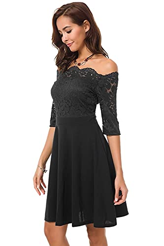 Image of Atnlewhi Womens Vintage Lace Floral Off Shoulder Elegant Swing Dresses A-line Mini Dress for Party Cocktail Wedding