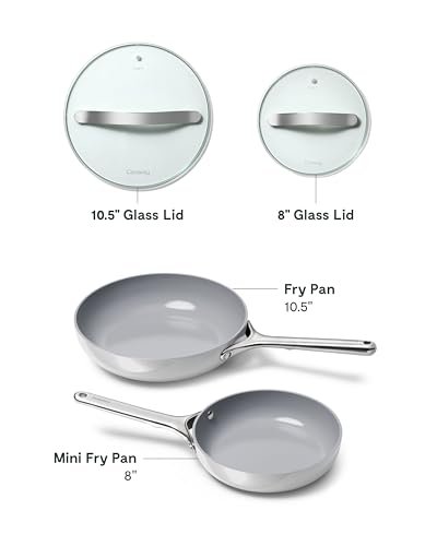 Image of Caraway Ceramic Nonstick Fry Pan Set with Glass Lids - Includes Two 10.5 inch Fry Pans, One 8 inch Fry Pan, & Three Lids - Non Toxic, PTFE & PFOA Free - Oven Safe & Compatible with All Stovetops - Gray