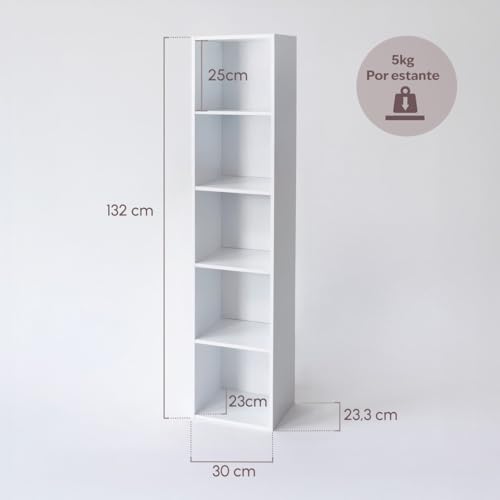 Miniatura 2 de Lolahome - Estantería Cubo 5 Estantes De Tablero Laminado Blanca, Librería Con Compartimentos Abiertos, Mueble Almacenaje De 30x132, Para Estudio, Dormitorio, Salón, Oficina Y Biblioteca