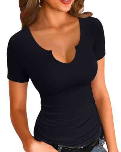 SANDERY Long/Short Sleeve Shirts for Women Basic Casual V Neck Tops Ribbed Slim Fitted Blouse