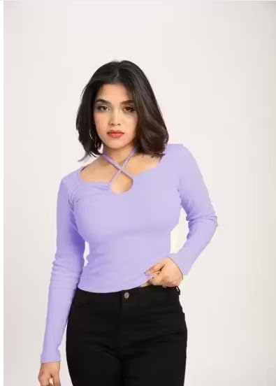 Image of Gampy Women's Lavender Long Sleeve Top, Criss-Cross Neck Design, Ribbed Knit Fitted Casual