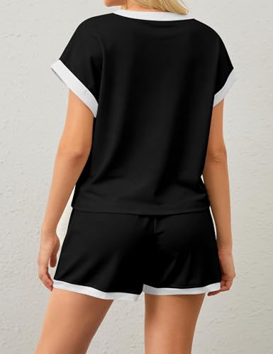 Image of MISSACTIVER 2 Piece Lounge Set Women Stripe Knit Short Sleeve Tee Shirts Shorts Casual Summer Loungewear Shorts Sets
