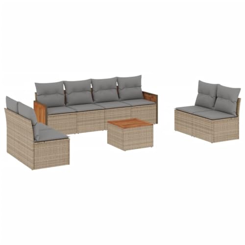 HFXHIJXQ Juego de 9 sofás de jardín beige, 55 x 62 x 69 cm, ratán sintético, resistente a la intemperie, con mesa de madera de acacia y cojín de ahorro de espacio para balcón, terraza y jardín