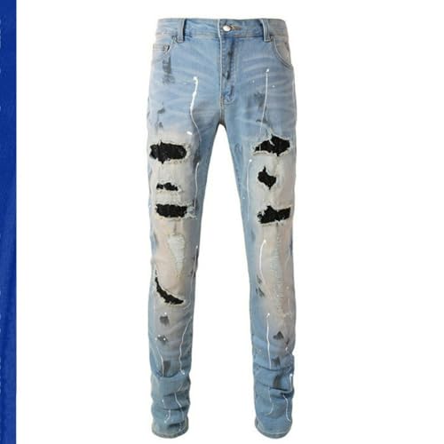 Jeans Pants Trousers Denim Trendy Street Hole Light Blue Grinding Fading Inlaid Zircon Shining Spray Graffiti Slim Fit Casual Small Straight Leg Men(Light Blue,31)3