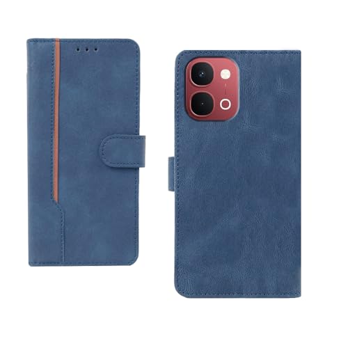 Image of amazon basics Vivo Y51 Pro 5G Flip Cover | Card Pockets Wallet & Stand | Flip Cover for Vivo Y51 Pro 5G (Blue with Beige Strip)