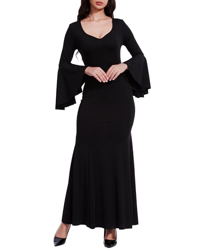 LUYANA Damen Elegante V-Ausschnitt Maxi Schwarz Hexenkleid für Halloween Karneval Party S