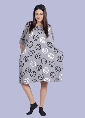 Image of LAMA STORE Women's Printed Oversized T-Shirt Dress, Cotton, 3 /4 Sleeve Length, Casual Loose Fit, Comfort Wear Extra Comfy Oversized Printed Pocket T-Shirt Dress