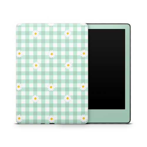 ZOOMHITSKINS Glitter Kindle Skin Compatible with Kindle Paperwhite Gen 12 (2024), White Green Checkered Delicate Flower Daisy Cute, Easy Bubble-Free 3M Vinyl Decal, Made in The USA