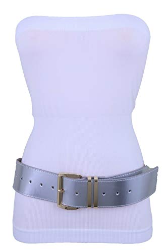 Women Fashion Wide Belt Faux Leather Gold Metal Buckle Plus Size Fit M L XL (Silver - patent faux leather)3