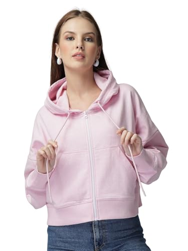 Image of Casual Wear Solid Crop Zipper Jacket Hooded Neck Full Sleeves with Kangaroo Pocket Hoodie for Women