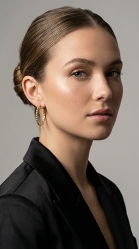 Image of FAN&LOUIS 24K Gold Plated Hoop Clip On Earrings for Women, Gold Beaded Hoop Trendy Hypoallergenic Non Pierced Earrings Painless Lightweight 38mm Clip-On Earrings