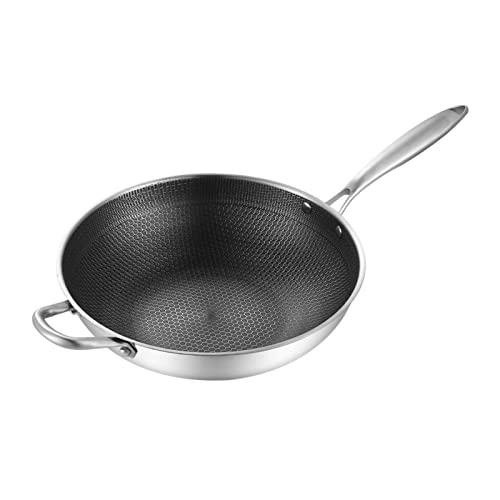 Baxnore Bandeo de wok de acero inoxidable, capa de cocina antiadherente de capa con un restaurante texturizado y profesional wok para freír salido, diseño anti -stick de doble cara (32 cm/12.6in (sin