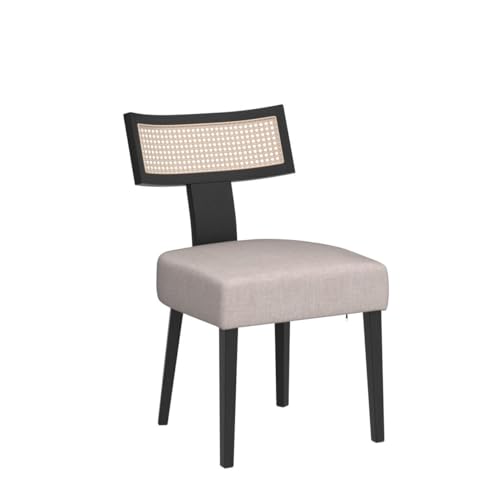 Image of HNY Mid Century Modern Rattan Dining Chairs Set of 2, Farmhouse Linen Upholstered Accent Chair Curved Backrest Kitchen Chairs, with Black Hardwood Frame, Beige