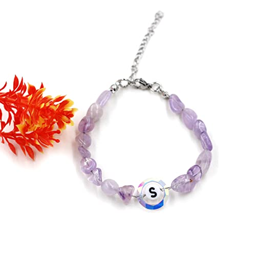 Image of Uloveido Purple Natural Stone and Austrian Crystal Letter Bracelet, Personalized Initial Jewelry for Women A-Z 26 Letters