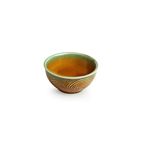 Image of ExclusiveLane 'Peacock Boulevard' Ceramic Bowls Set of 4 (200 ml, Caramel Brown and Sea Green) | Ceramic Katori Set of 6 for Dining Table Dessert Bowls Set for Dining Dinner Bowl for Serving