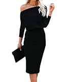 Dressmine Black Off Shoulder Midi Dress 3/4 Sleeve Ladies Evening Dresses Elegant Tummy Flattering Outfits Size 12