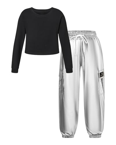 Image of Betusline Girls 2 Piece Summer Outfits,Kids Casual Short Sleeve Crop Top & Cargo Jogger Pants Sets,4T-14Y